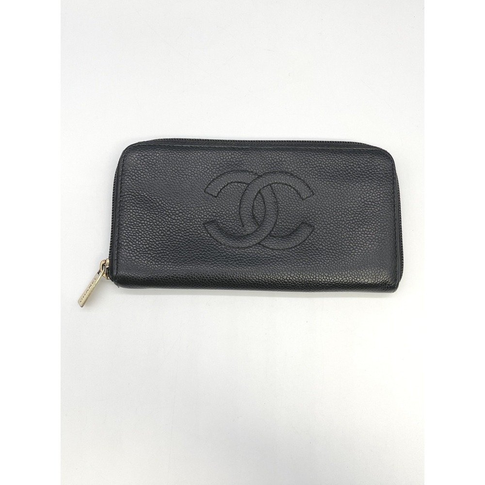 Chanel Caviar Leather Zip Around Wallet Coco Mark Black Minimalist Luxury READ